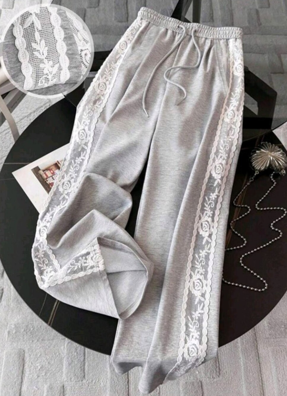 Women's Loose Fit Straight-Leg Pants With Lace Trim Fall Cloth For Women